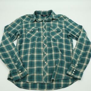 Salt Valley Western Mens Medium Teal Plaid Pearl Snap Flannel Shirt Long Sleeve